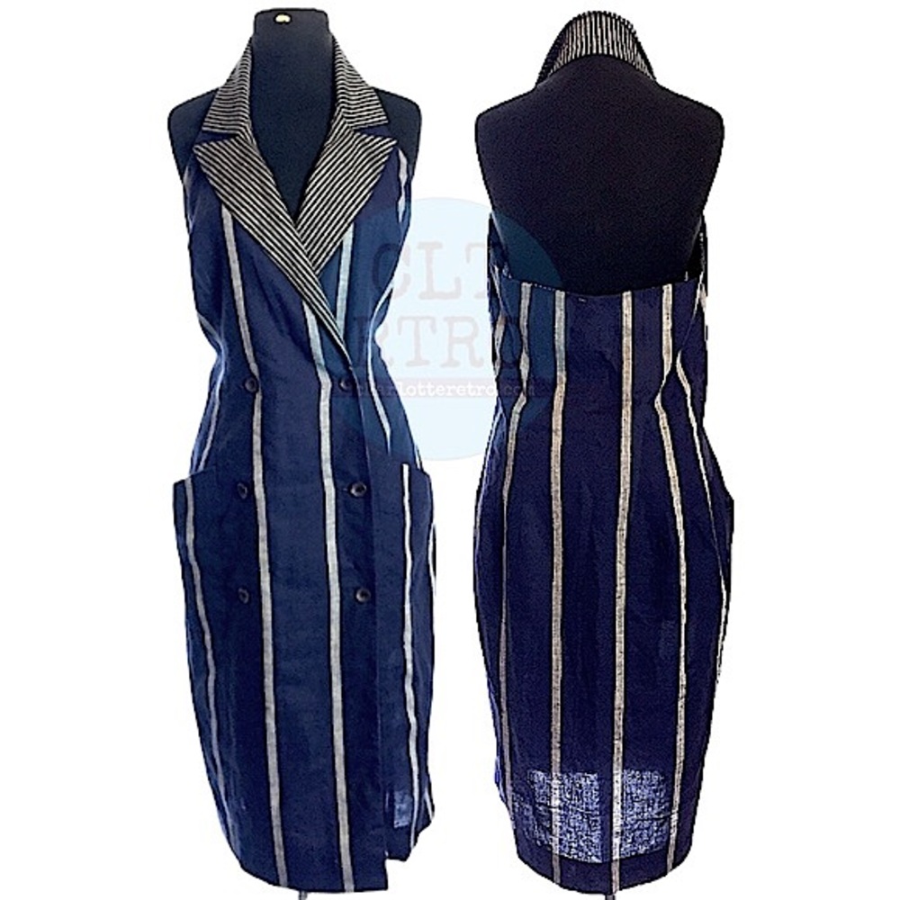 90s vtg Linen Halter Dress w Pockets